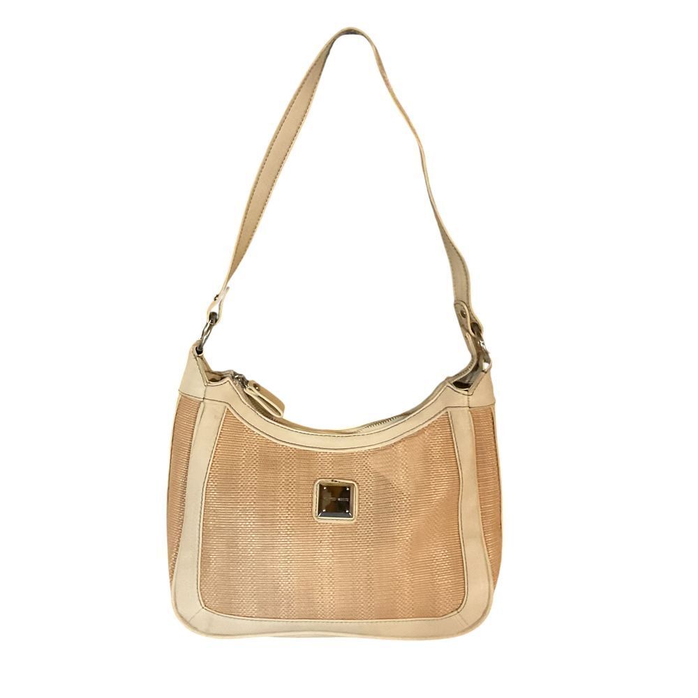Franco Sarto Beige Textured Hobo Shoulder Bag w/ Front Zip Pocket Metal Logo